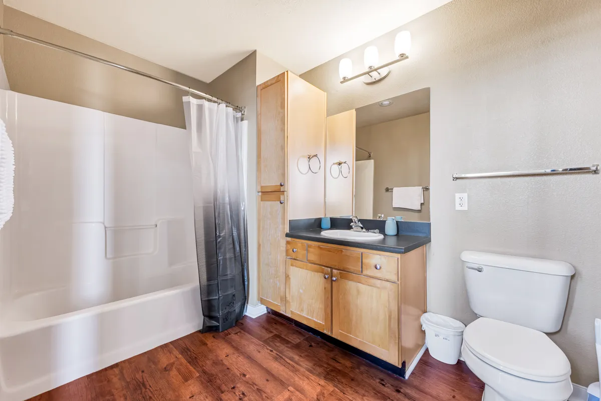 A contemporary bathroom scene with a sleek vanity, a comfortable bathtub, and warm wooden flooring. The space feels fresh and inviting, offering a sense of relaxation and modern comfort.